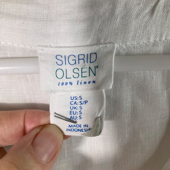 Womens Sigrid Olsen Linen V Neck Pleat Front Tunic 3/4 Sleeve Button Detail Whit - Picture 7 of 8